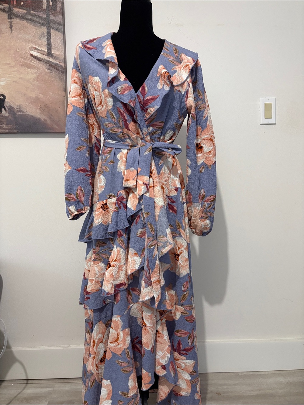 Floral Ruffle Wrap Maxi Dress in Dusty Blue and Peach